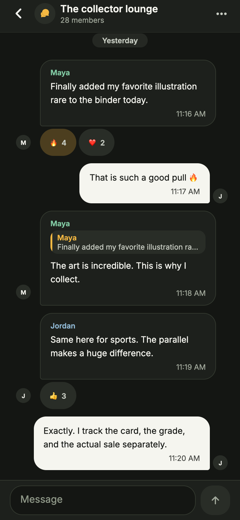 A demo conversation in the real collector lounge screen, showing replies, reactions, and the message composer