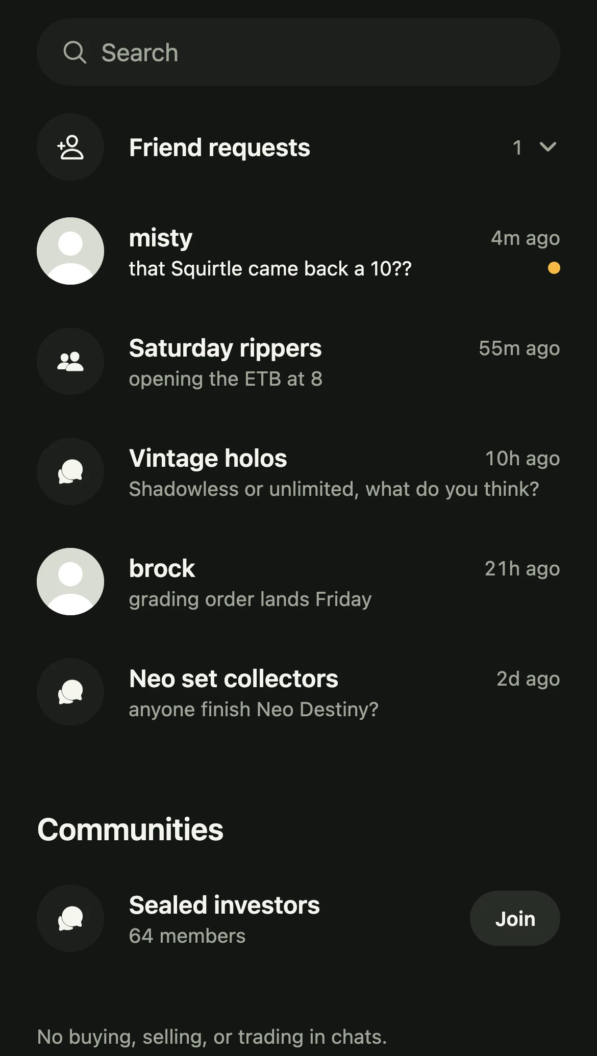 Messages: friend requests, a DM, a group, a community, and communities to join