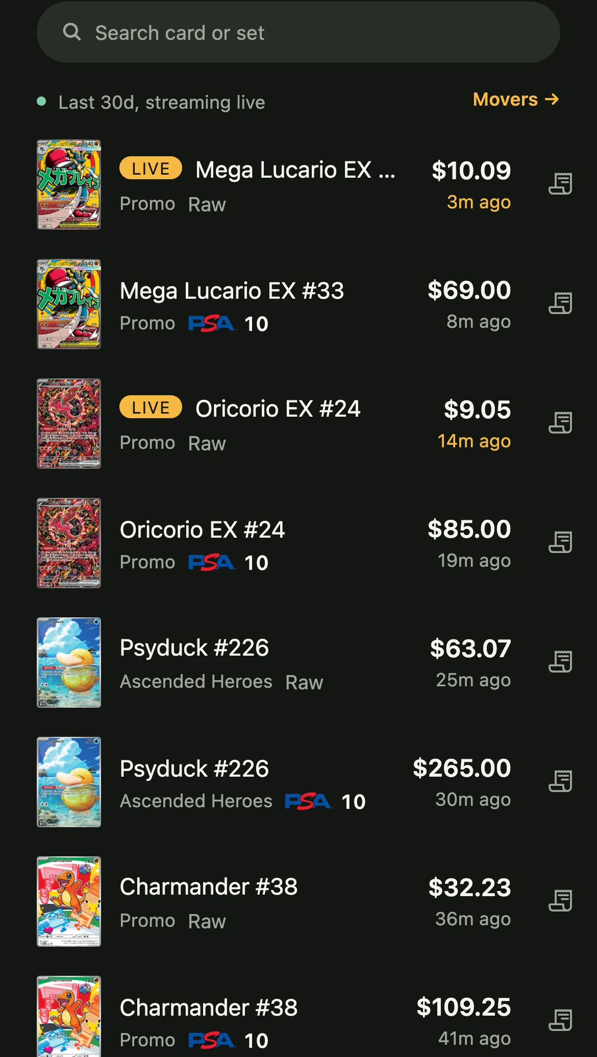 Recent sales: confirmed eBay sales with grade, price and time, two of them live auctions